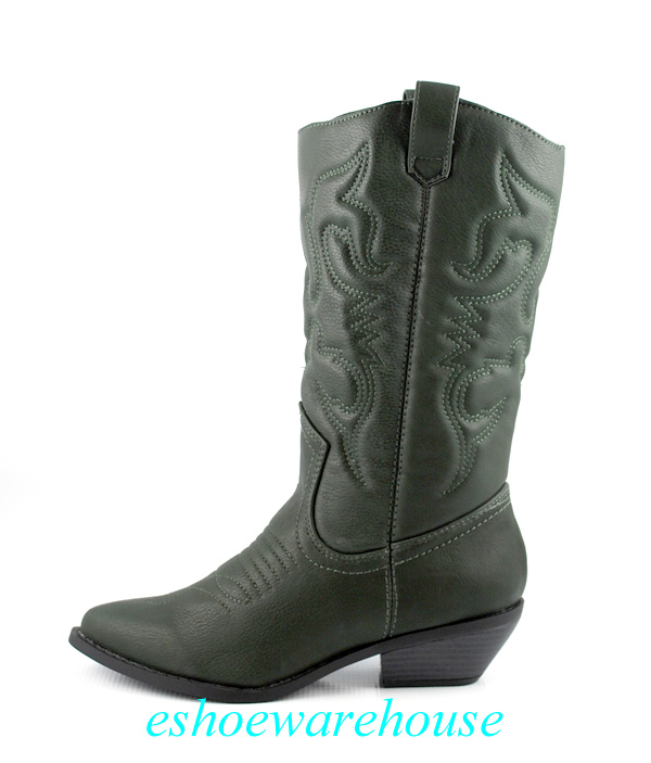 Dark Green Awesome Embossed Stitch Detail Western Cowboy Cowgirl Boots
