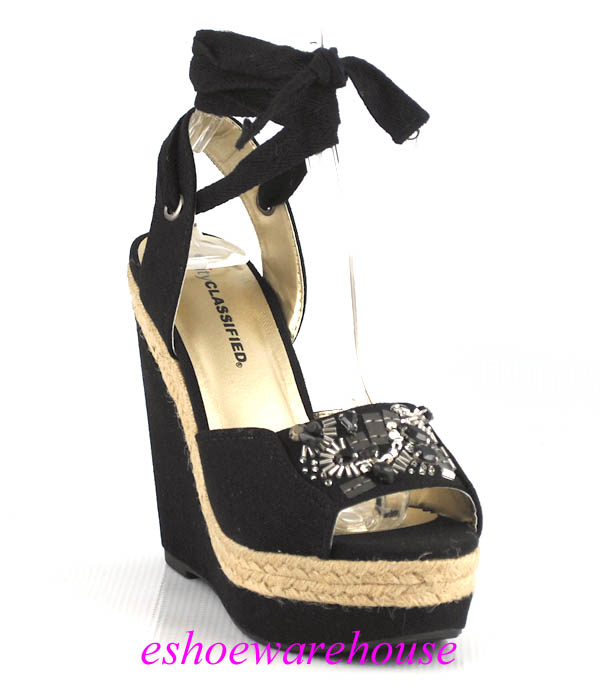 Black Awesome Ankle Tie Espadrilles Beaded Detail Wedges Sandals eBay