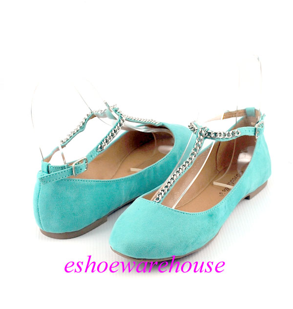Mint Green Faux Suede So Cute Round Toe T Strap Chain Accent Ballet
