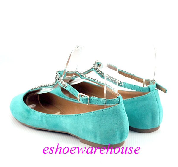 Mint Green Faux Suede So Cute Round Toe T Strap Chain Accent Ballet