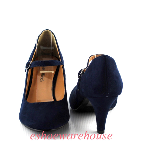 Navy Faux Suede Awesome Cutie Round Toe Mary Jane Mid Heels Pumps | eBay