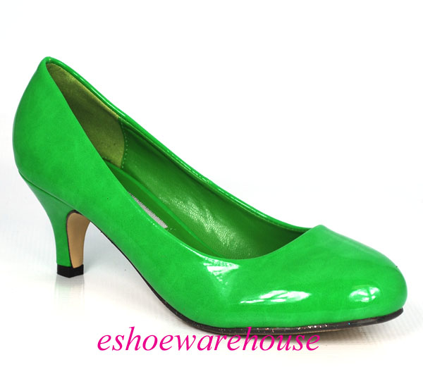 Soo Cute Bright Green Patent Low Mid Heels Pumps Round Toe Dress Shoes