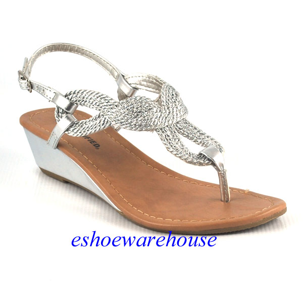Details about Silver Leatherette So Cute Rope Twisted Loop Low Wedge ...