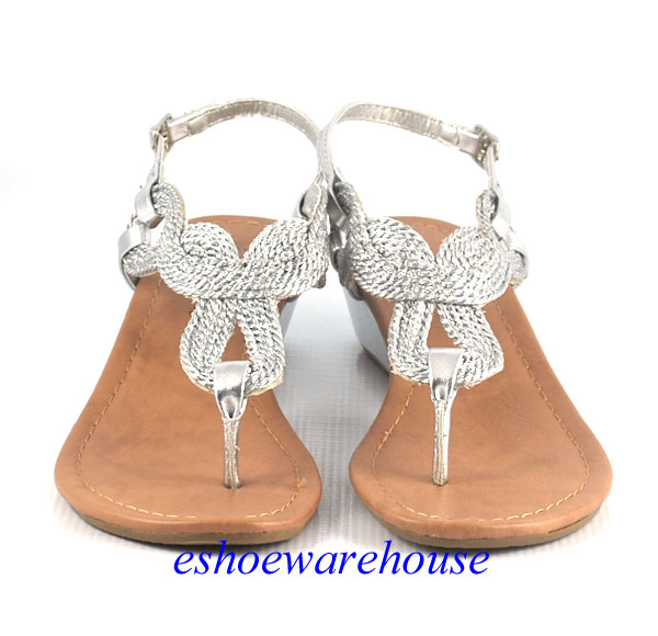 Silver Leatherette So Cute Rope Twisted Loop Low Wedge Slingback