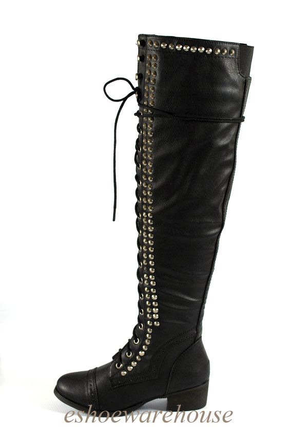 flat black knee high lace up boots